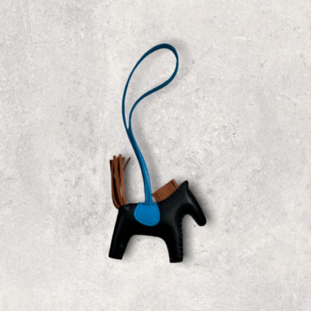 HERMES NOIR BLACK BLEU ZANZIBAR RODEO PM HORSE KEYCHAIN BAG CHARM CHAIN